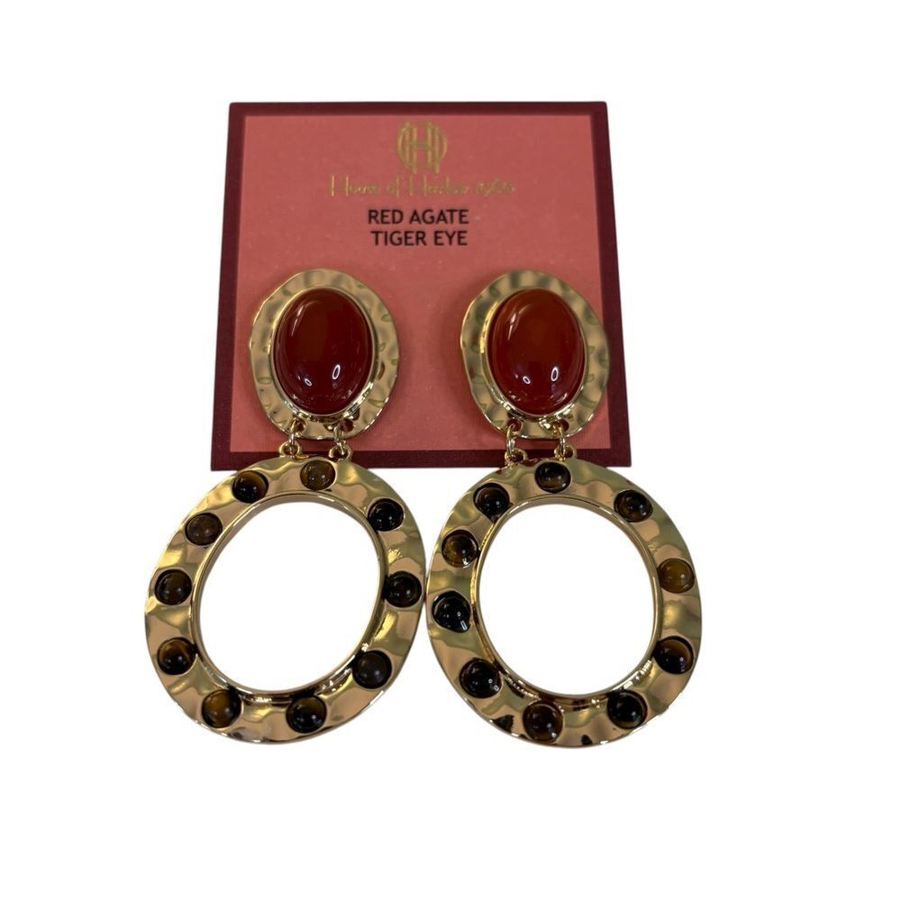 House of Harlow 1960 Red Agate Tiger Eye Hammered Gold Tone Doorknocker Earrings